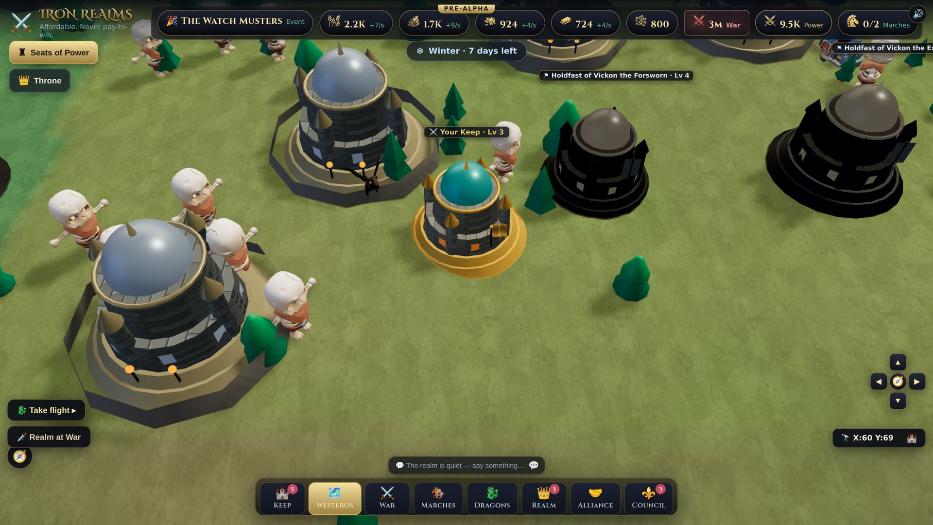 The 3D world map of Iron Realms — keeps and holdfasts across a green continent